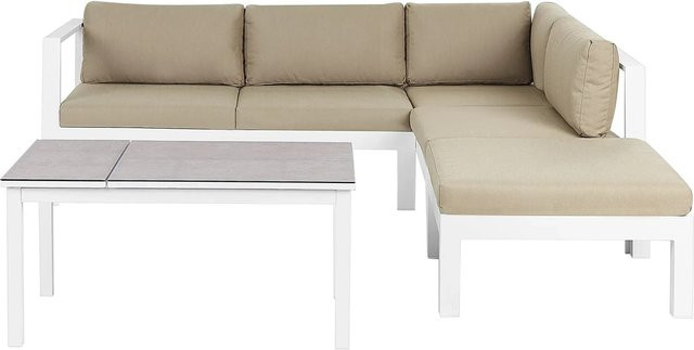 Beliani Lounge Set MESSINA Sandbeige aus Aluminium mit Ecksofa, Ottoman, Couchtisch und Polsterkissen für Garten und Terrasse - Bild 1
