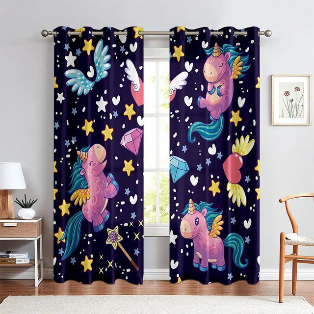 Yiran Furniture Fenstergardinen mit Einhorn-Cartoon-Muster, 2-teiliges Set, halbtransparent, Polyester, Mehrfarbig, B: 50 cm, H: 140 cm - Bild 1