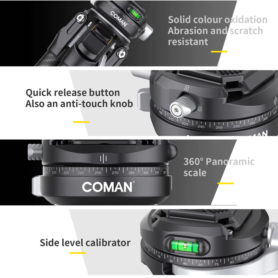 COMAN Zero F38 Y X V Serie Carbonfaser-Reisestativ mit Schnellwechselplatte in Schwarz, kompatibel mit Canon und Nikon DSLR-Kameras - Bild 3