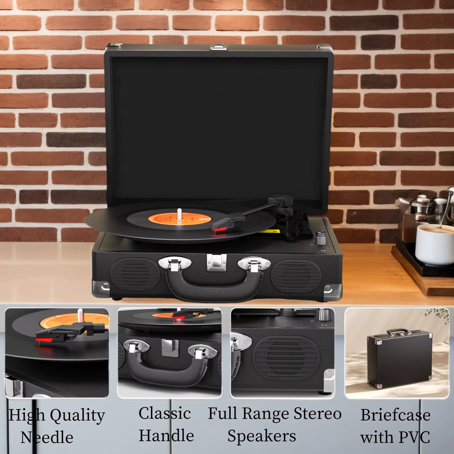 Maio S100 Riemengetriebenes Vintage-Grammophon in Schwarz mit eingebautem Lautsprecher und 3 Geschwindigkeiten für High-Fidelity-Stereo - Bild 6