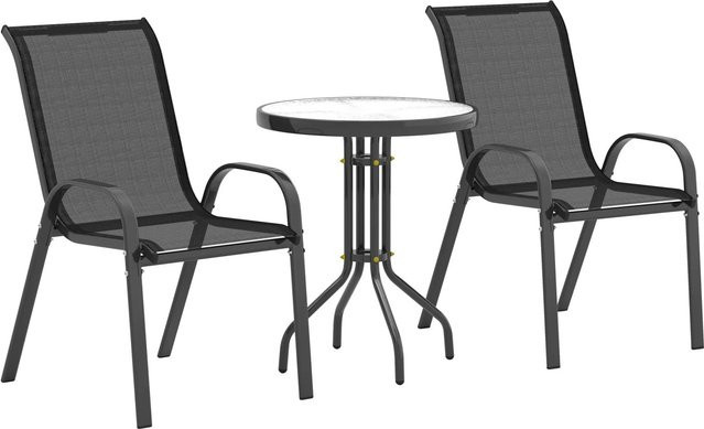 Furnicato Bistro-Set 3-teilig aus Metall mit Glastisch und stapelbaren Gartenstühlen in Schwarz - Bild 1