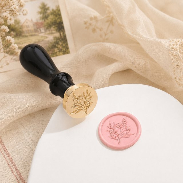 Wachssiegel-Stempelset mit Blumen- und Pflanzenmotiven, schwarzer Griff und Siegelwachsköpfe für DIY-Einladungen und Umschläge, Farbe: Schwarz - Bild 1