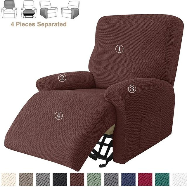 4er-Set Stretch-Sofabezüge für Liegesessel in Jacquard-Optik, braun, elastische Schonbezüge für Relaxsessel und Einzelsessel - Bild 1