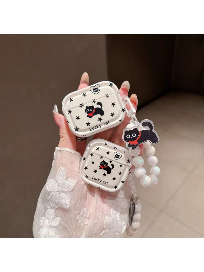 Kreative AirPods Hülle mit schwarzer Katze, Sternen und Perlen als Lanyard-Schutz für Apple AirPods 4, 3, 1, 2 und Pro 2 in Schwarz und Weiß - Bild 4