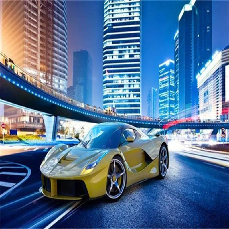 KOMNNI 3D Wandbild Stadt Nachtlandschaft mit gelbem Auto, moderne Tapete aus Seidenmaterial, B: 200 cm, H: 140 cm - Bild 6