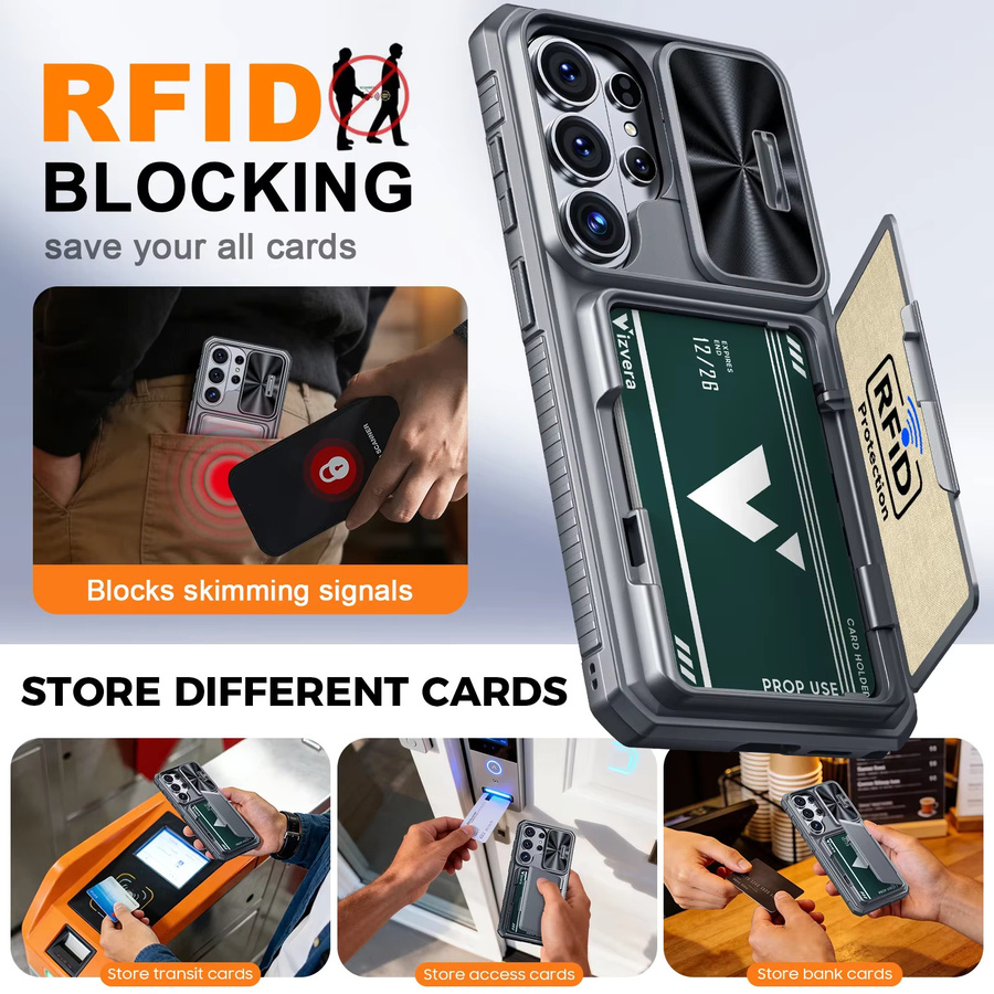 BANGZAO Handyhülle für Galaxy S26 Ultra mit Geldbörse, RFID-Schutz, Kartenhalter und Kameraabdeckung, robuste stoßfeste Silikon-Schutzhülle in Grau - Bild 2