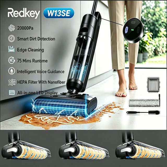Redkey W13 SE Kabelloser Nass-Trocken-Staubsauger mit Wischfunktion und Selbstreinigungsfunktion, Schwarz, 20000 Pa, 75 Min. Laufzeit - Bild 1