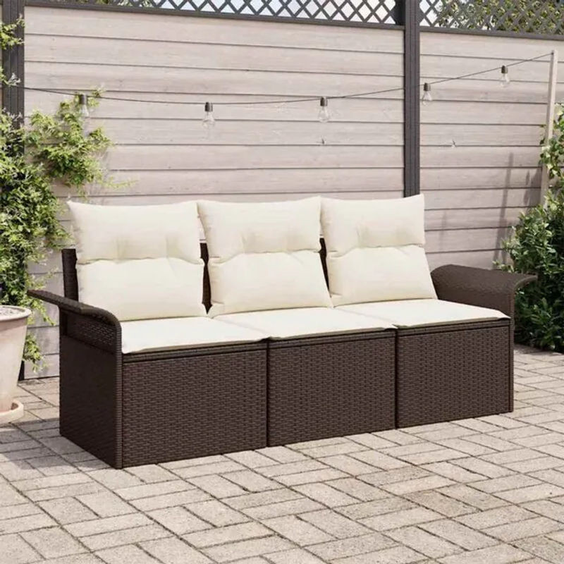 3-teiliges Garten-Sofa-Set von vidaxl aus braunem Poly-Rattan mit Kissen und integriertem Stauraum - Bild 1