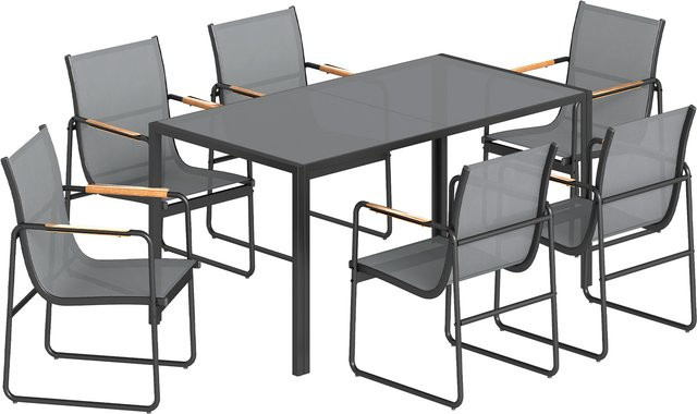 Outsunny 7-teiliges Outdoor-Esstisch-Set für 6 Personen in Grau mit Glastisch und Stühlen aus Stahl und Teakholz für Garten und Terrasse - Bild 1