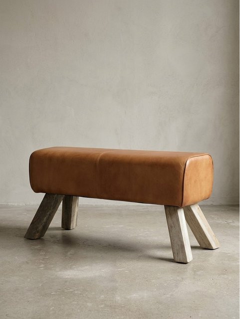 Sitzhocker KADIMA DESIGN aus Leder und Mangoholz in Braun, B/T/H: 90 x 30 x 43 cm - Bild 1