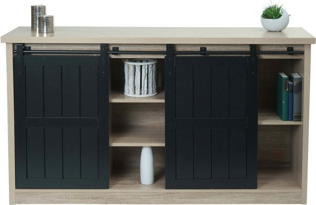 MCW Highboard K75 Sideboard im Industrial Design mit Schiebetüren und 7 Fächern, Holz-Optik Braun, H: 84 cm, B: 150 cm, T: 40 cm - Bild 1