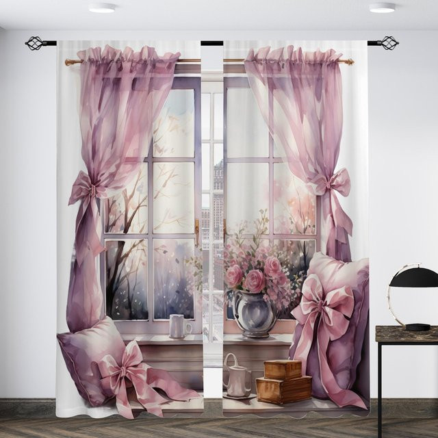 2er-Set Yiran Furniture Dekorative Vorhänge im Europäischen Retro-Stil mit 3D-Floral-Print, halbtransparentes Polyester in Pink, B: 100 cm, H: 130 cm - Bild 1