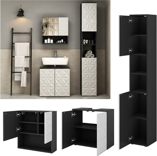 Vicco Badmöbel-Set Edge modern in Schwarz/Weiß bestehend aus Spiegelschrank, Waschbeckenunterschrank und Hochschrank - Bild 1