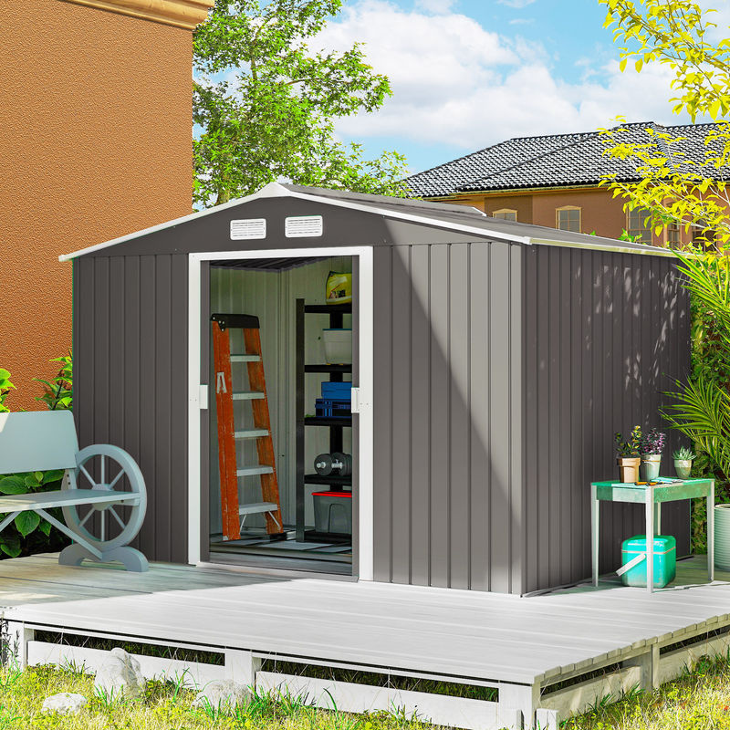 Outsunny Metall Gerätehaus Gartenhaus mit Fundament, wetterfest, Grau, B/T/H: 277 x 195 x 192 cm - Bild 2