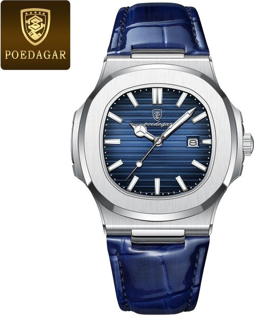 POEDAGAR Armbanduhr Edelstahl, Quarz, eckig, blau/silber, Herren - Bild 1