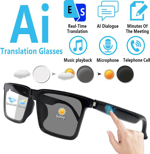 Fecoul Smarte Audio-Brille in Schwarz mit Echtzeit-Übersetzung, Hi-Fi-Musikwiedergabe, Geräuschunterdrückung für Sprachanrufe und photochromen Gläsern - Bild 1