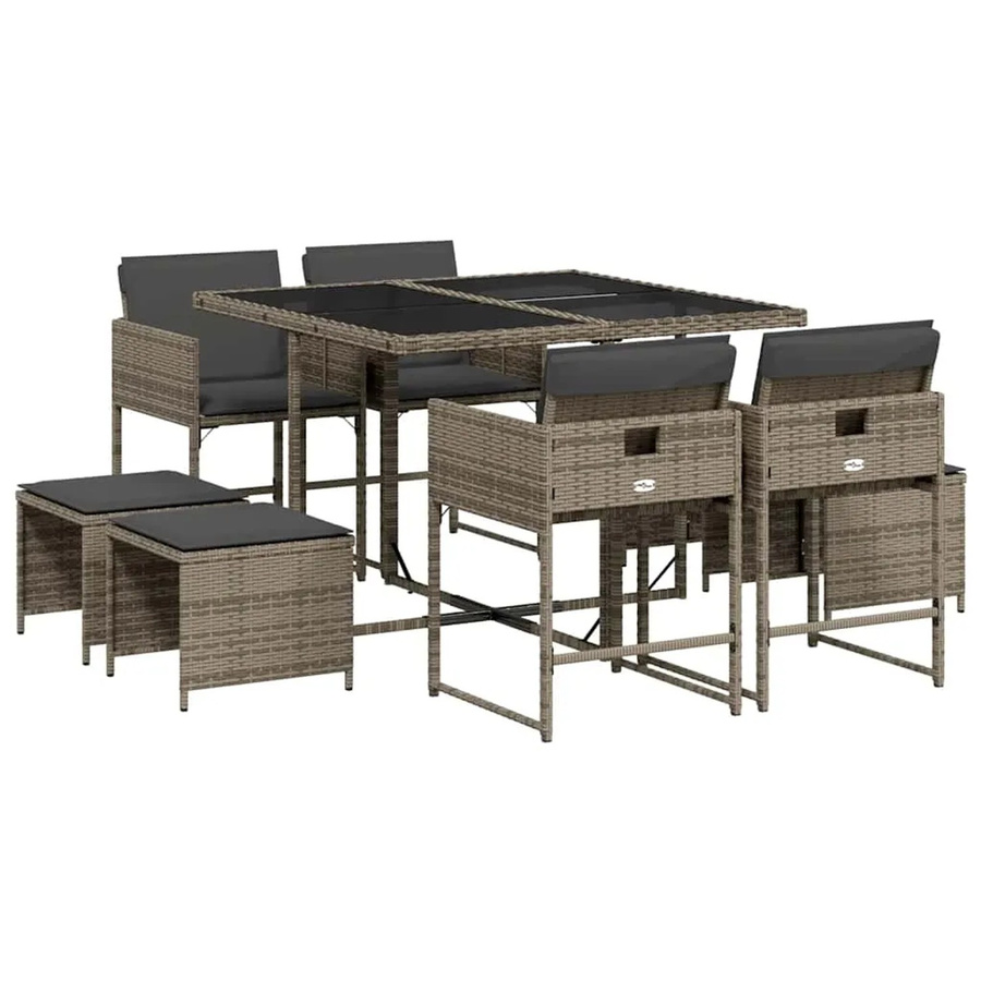 vidaXL 9-teilige Garten-Essgruppe aus grauem Poly-Rattan mit Kissen und Hartglas-Tischplatte - Bild 2