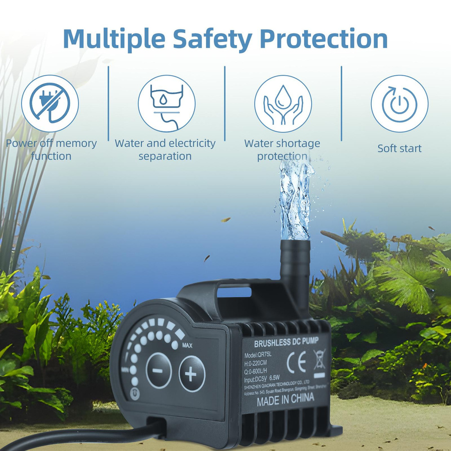 Tauchfähige 5-V-Wasserpumpe QR75L in Schwarz mit 8 einstellbaren Stufen und 0–600 l/h Förderleistung - Bild 4