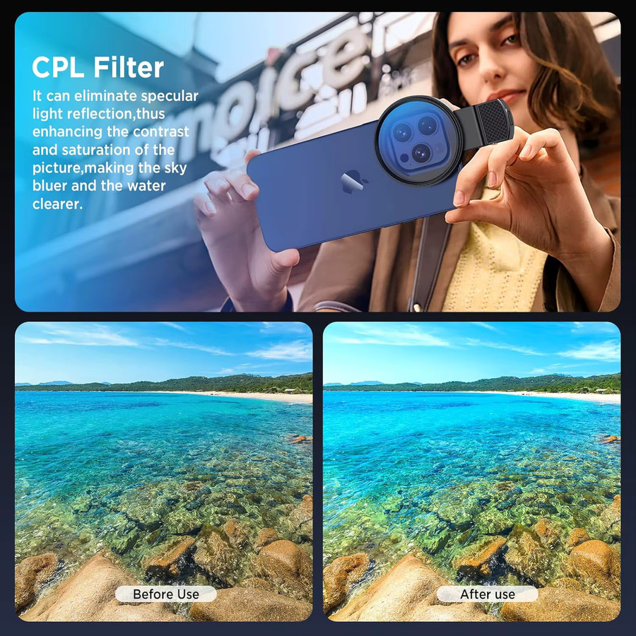 Martvsen Universeller Polarisator-Kameraobjektivclip mit CPL/UV-Filter-Set, 52 mm, Schwarz, für iPhone, Huawei, Xiaomi und Samsung - Bild 2