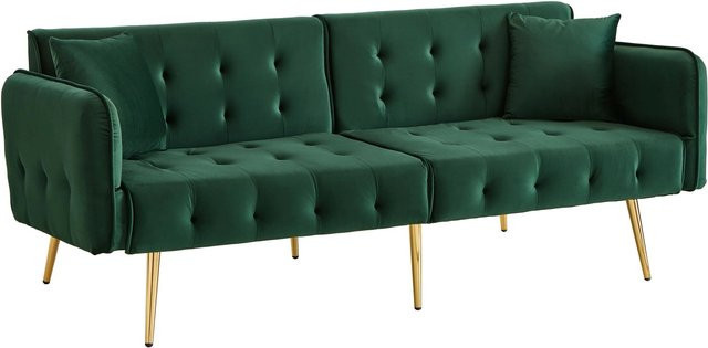 Merax Schlafsofa 2-Sitzer aus grünem Velours mit verstellbarer Kopfstütze und passenden Kissen - Bild 1