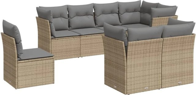 vidaXL 8-tlg Garten-Sofagarnitur in L-Form aus beige Poly Rattan mit Kissen und Stauraum - Bild 1