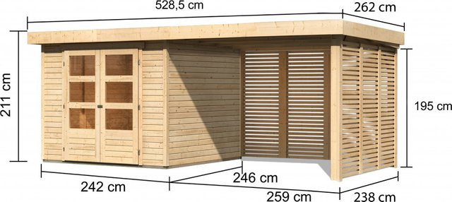 Gartenhaus Holz ASKOLA 35 Flachdachhaus in Naturbelassen mit Anbaudach und Feuerholzoption, B/T/H: 238 x 242 x 19 cm - Bild 1