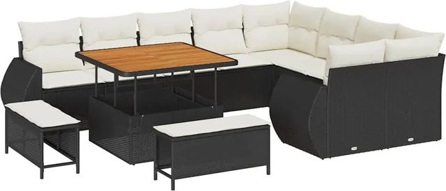 vidaXL Garten-Sofa-Set 12-teilig aus Polyrattan und Akazienholz in Schwarz mit beigen Polstern für Terrasse und Garten - Bild 1