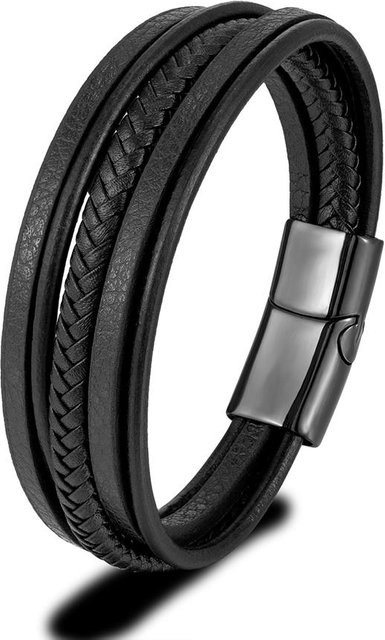 Armband Edelstahl, Lederumwicklung, Magnetverschluss, schwarz, Herren, 23 cm - Bild 1