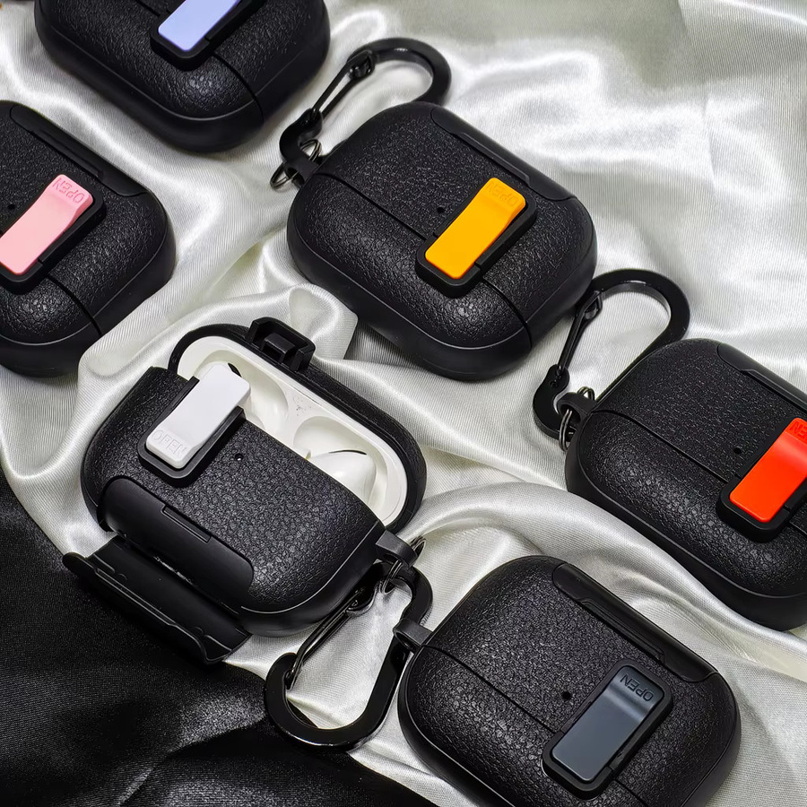 Schutzhülle mit Leder-Textur und Verriegelungsschalter für Apple AirPods 4, Pro 2 und Pro 3 in Schwarz und Grün - Bild 5