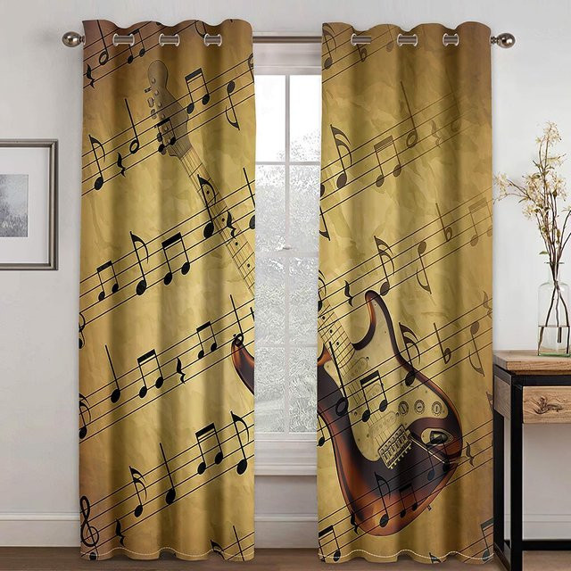 A Family Of Home Textiles Vorhänge mit Musiksymbolen in Beige, 2er-Set, halbtransparent mit Ösen, Breite: 100 cm, Höhe: 130 cm - Bild 1
