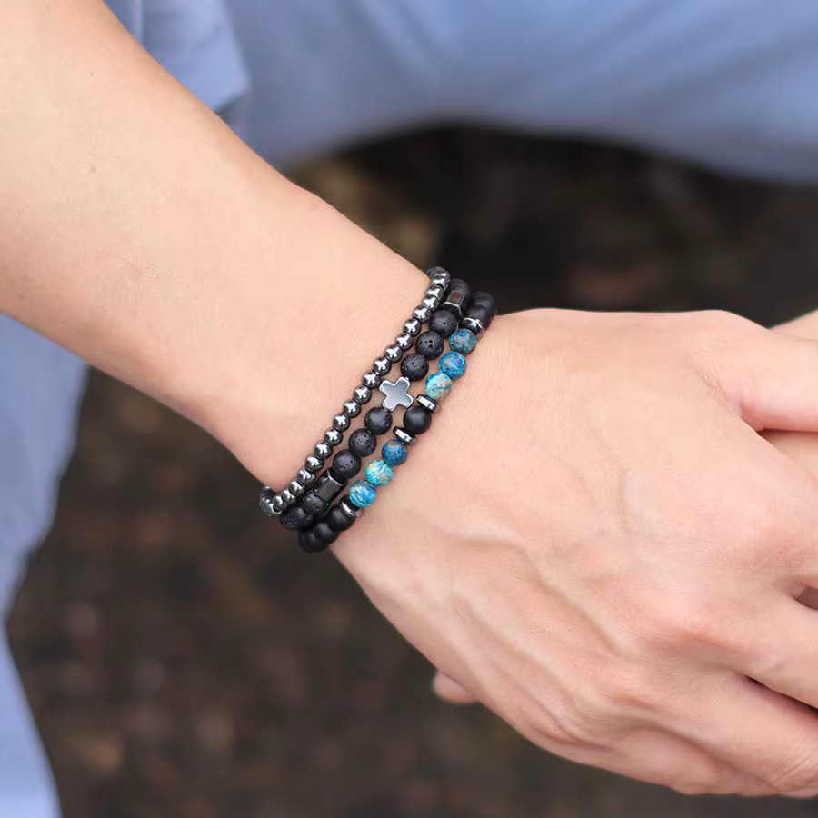 Noter Armband Set, Tigerauge, Lava, Perlen, Kreuz, Hämatit, Herren - Bild 2