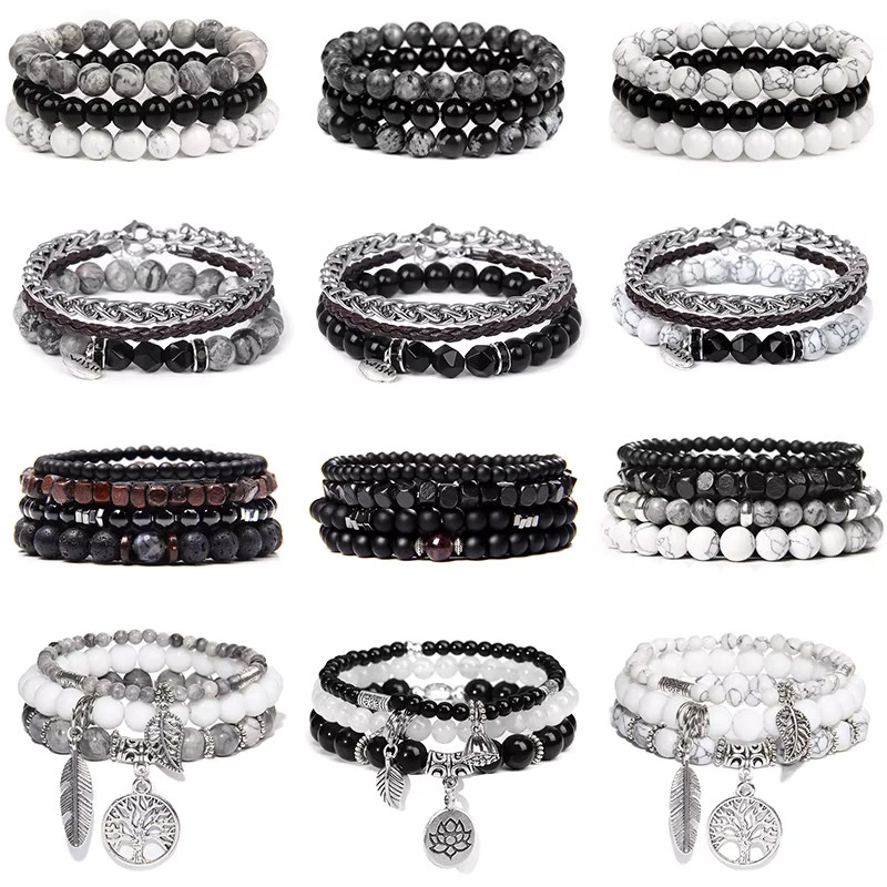 vinswet Armband-Set, Naturstein-Armbänder, Lavagestein, Hämatit, Onyx, Holzperlen, Lederarmbänder, Herren, Schwarz - Bild 1