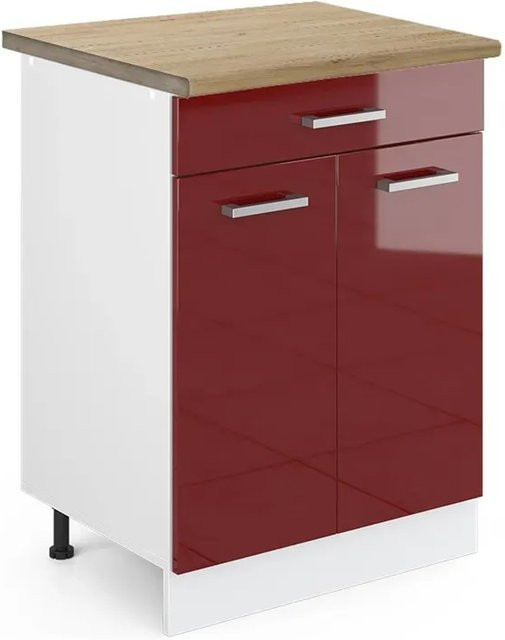 Vicco Küchenunterschrank R-Line Bordeaux Hochglanz Weiß mit Schublade Eiche Breite: 60 cm - Bild 1