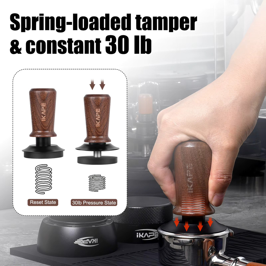 IKAPE Espresso Tamper V3 aus Walnuss mit Titan PVD Beschichtung und kalibrierter Feder, passend für 51mm, 54mm und 58mm, Braun - Bild 2