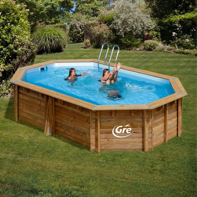 Gre Echtholzpool Grenade 2 Oval in Braun und Blau, Einbaupool aus Holz, PVC und Edelstahl, B/T/H: 436 x 336 x 117 cm - Bild 1