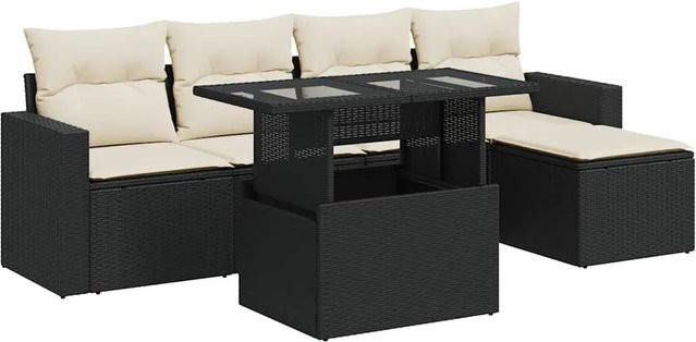 vidaXL 6-teilige Garten-Sofagarnitur aus Poly-Rattan mit Kissen in Schwarz-Creme - Bild 1