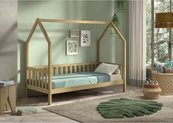 CABANE Hausbett für Kinder aus Eiche Massiv Natur mit seitlicher Umrandung, B/T/H: 90 x 200 x 80-90 cm