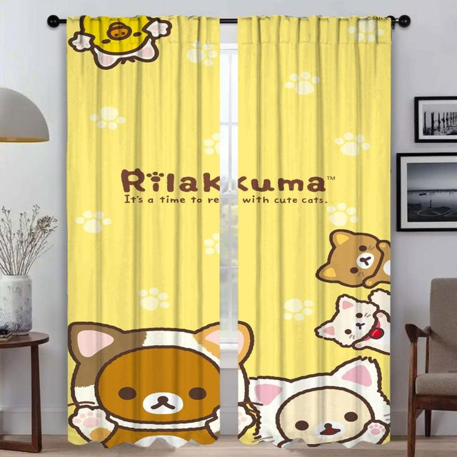 Rilakkuma Tüll-Vorhänge für Wohnzimmer und Schlafzimmer, 2er-Set, Gelb, Breite: 50 cm, Höhe: 70 cm - Bild 1