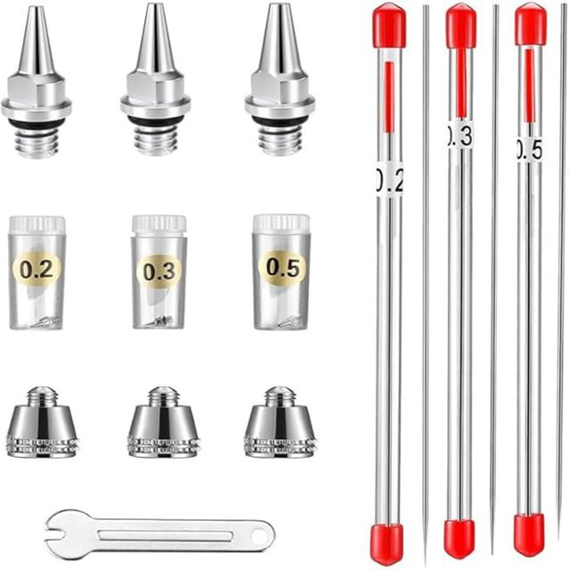 JOYSTAR Airbrush Ersatzteil-Set mit Düsen und Nadeldeckel in Silber, Durchmesser: 0,2 mm, 0,3 mm, 0,5 mm - Bild 1