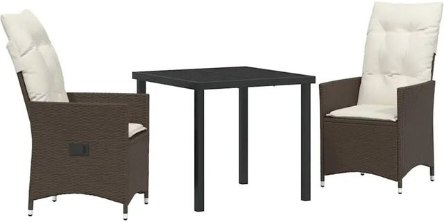 vidaXL Garten Essgruppe aus Poly-Rattan in Braun mit 3-teiligem Set, Tisch mit Sicherheitsglas und Kissen für Terrasse und Garten - Bild 1