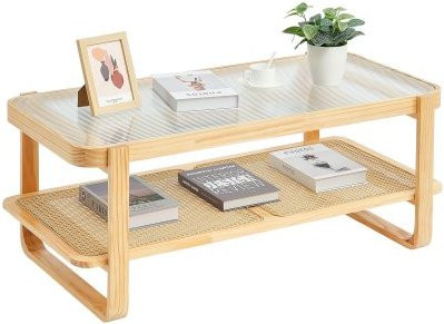 VEVOR Rattan Couchtisch in Boho-Design mit gehärteter Glasplatte und Holzbeinen, rechteckiger Couchtisch aus Rattan-Geflecht in Beige und Braun, B/T/H: 115 x 57 x 45 cm - Bild 1