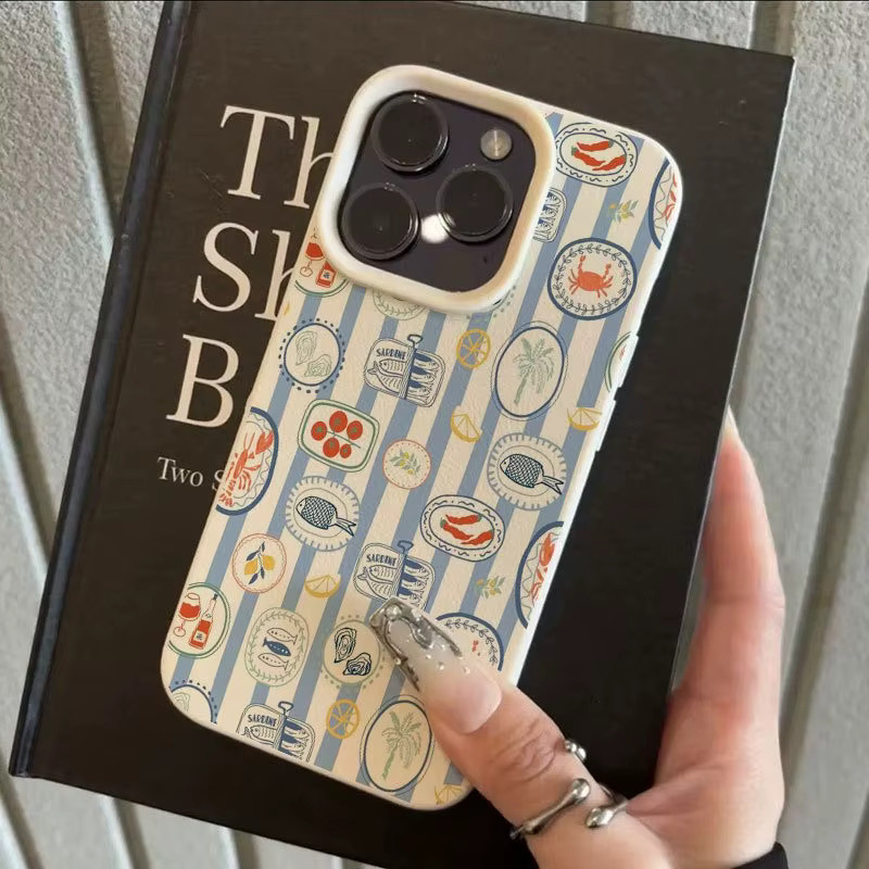 Handyhülle mit Litschi-Struktur und Streifenmuster für Apple iPhone 17, 16, 15 Pro Max Plus Series in Beige und Multicolour - Bild 2