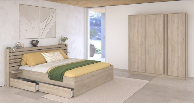 Parisot Schlafzimmer Set Escale 28, 3-teilig, Japanische-Eiche, Beige, Breite: 180 cm, Tiefe: 200 cm - Bild 1