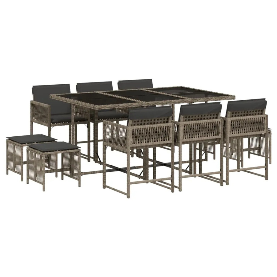 vidaXL 11-tlg Garten-Essgruppe aus Poly Rattan in Grau mit Kissen und Hartglas-Tischplatte - Bild 2