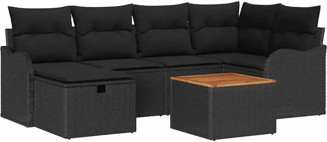 7-tlg. vidaXL Garten-Sofa-Set aus Polyrattan in Schwarz mit UV-beständigen Polstern und Kissen - Bild 1