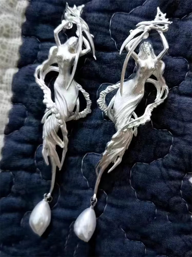 ZHUHE Ohrringe, Meerjungfrau, Vintage, Silber, Perle, Unisex - Bild 4