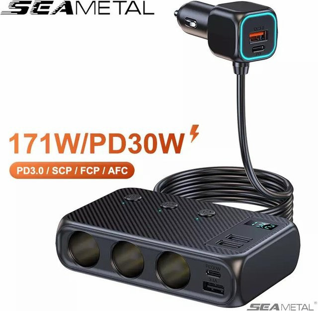 SEAMETAL 9-in-1 Auto-USB-Ladegerät in Schwarz mit 171 W Leistung, Zigarettenanzünder-Adapter inklusive PD 30 W, QC 3.0 und 6 USB-Anschlüssen - Bild 1