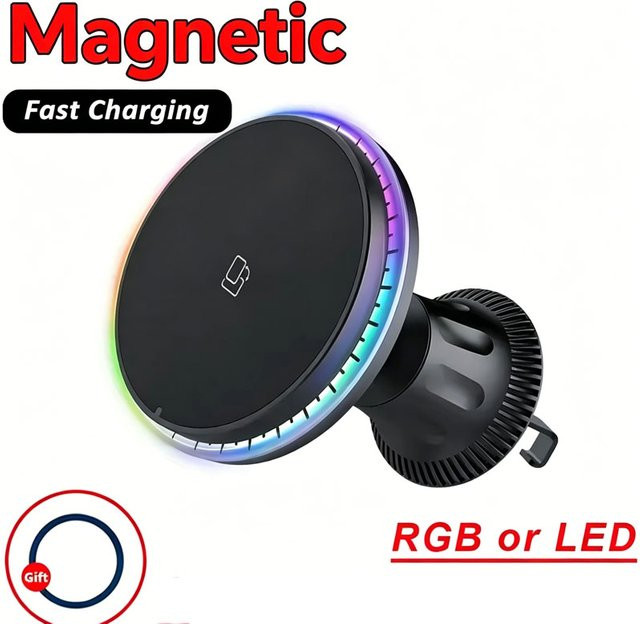 VIKEFON Magnetische kabellose MagSafe Auto-Handyhalterung mit RGB-Beleuchtung und Schnellladefunktion für iPhone 13 14 15 16 17 Pro Max, Schwarz/Multicolor - Bild 1