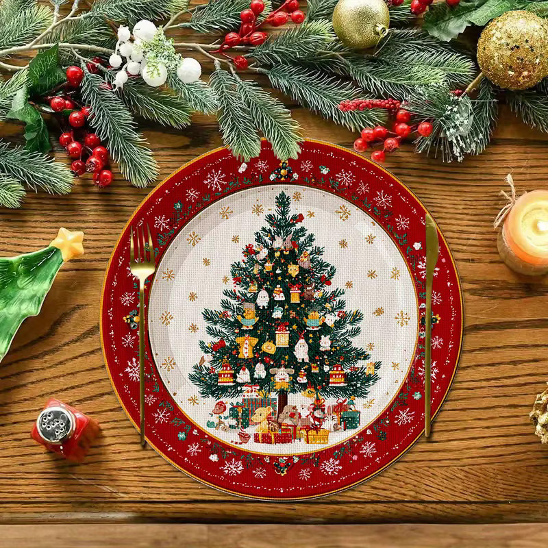 VIKAMA 4er Set Weihnachts-Platzsets aus Leinen mit Schneeflocken- und Kiefernmuster in Rot, Durchmesser: 38 cm - Bild 2