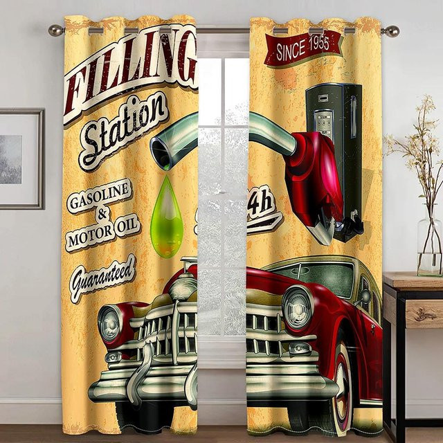 Yiran Furniture Blackout Vorhang mit Retro Vintage Auto und Motorrad Motiv für Kinderzimmer, Mehrfarbig, Breite: 55 cm, Höhe: 185 cm - Bild 1
